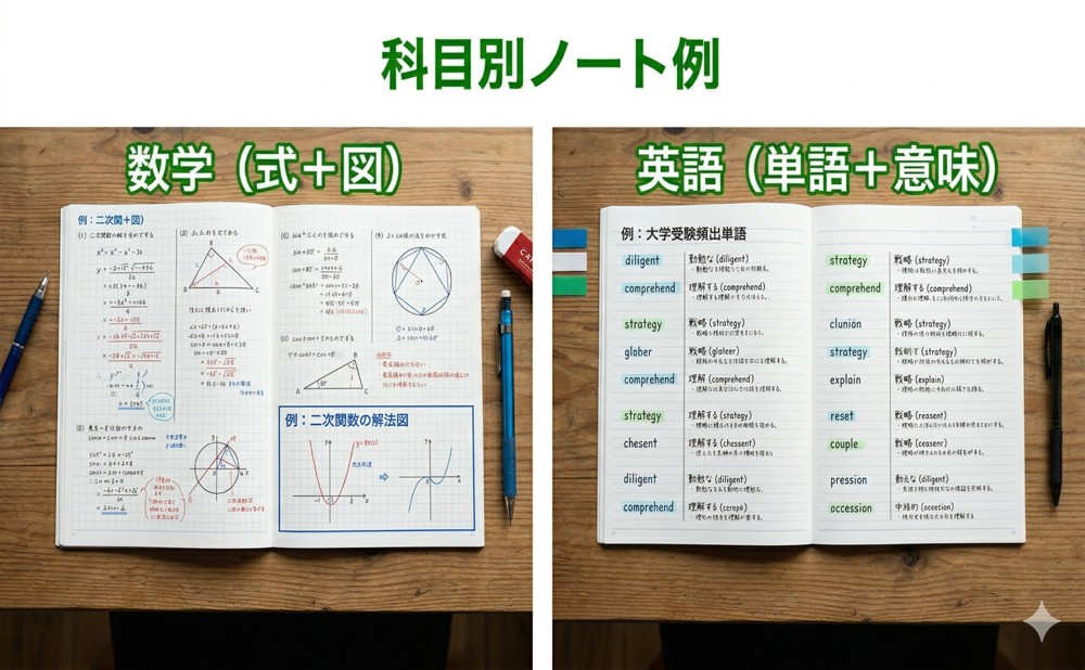 科目別に作ったノートの写真